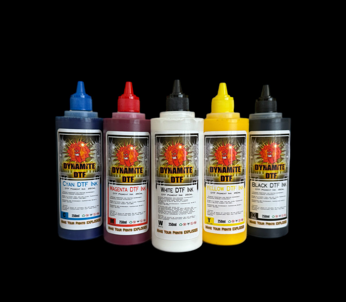 Dynamite DTF Ink for DTF Printers,Epson Printer, (5)- 250ml bottles CMYK+W.