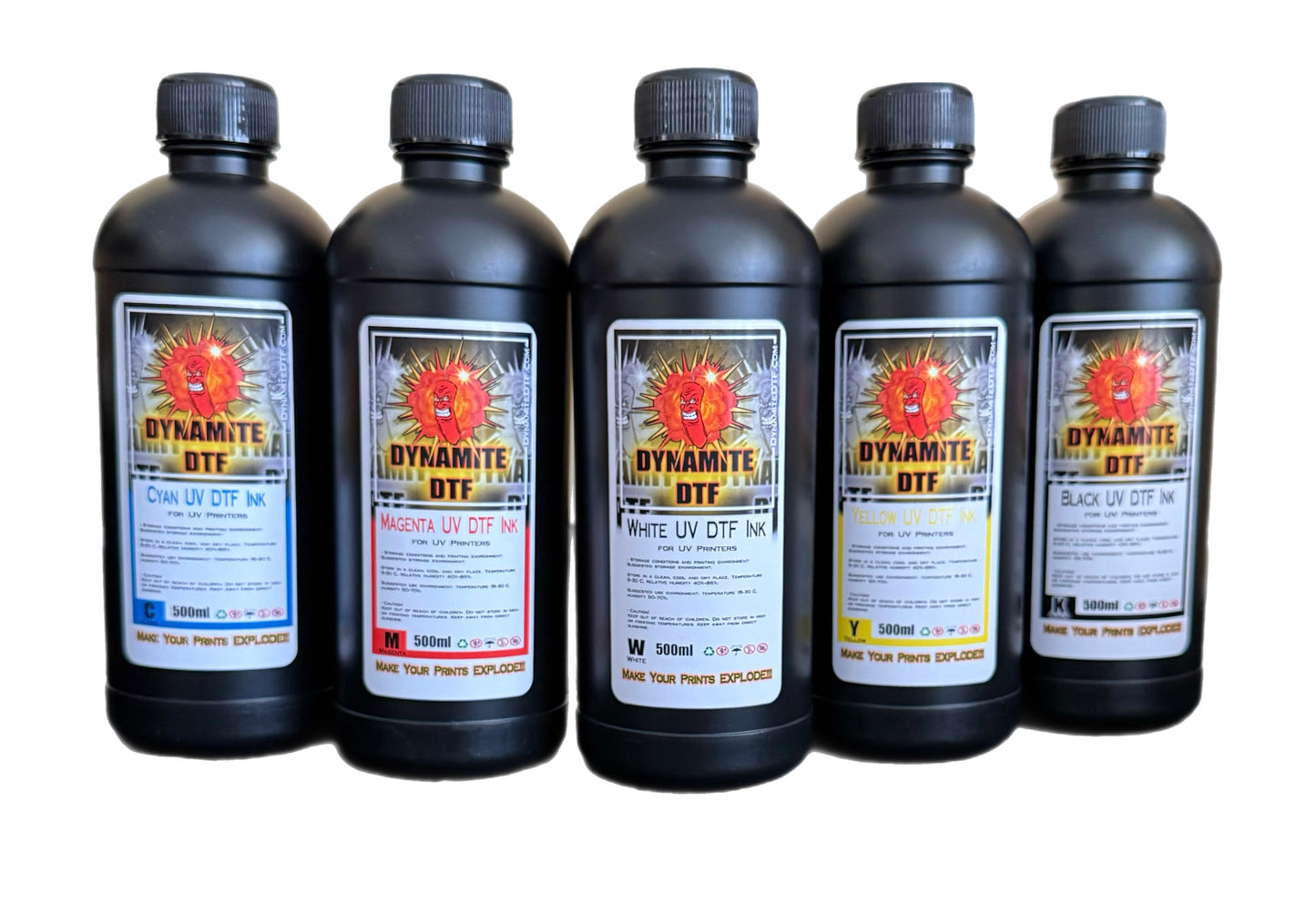 Dynamite DTF UV Ink Kit for UV DTF Printers,Epson Printer, (6)- 500ml bottles CMYK+W+ Gl.