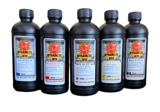 Dynamite DTF UV Ink Kit for UV DTF Printers,Epson Printer, (6)- 500ml bottles CMYK+W+ Gl.