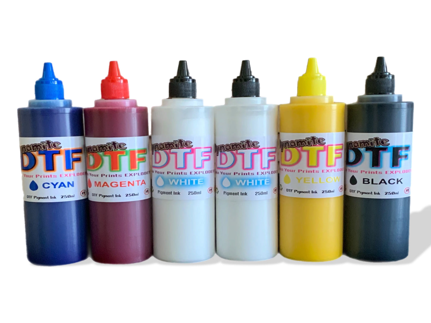 Dynamite DTF Ink Kit for DTF Printers,Epson Printer, (6)- 250ml bottles CMYK+WW.