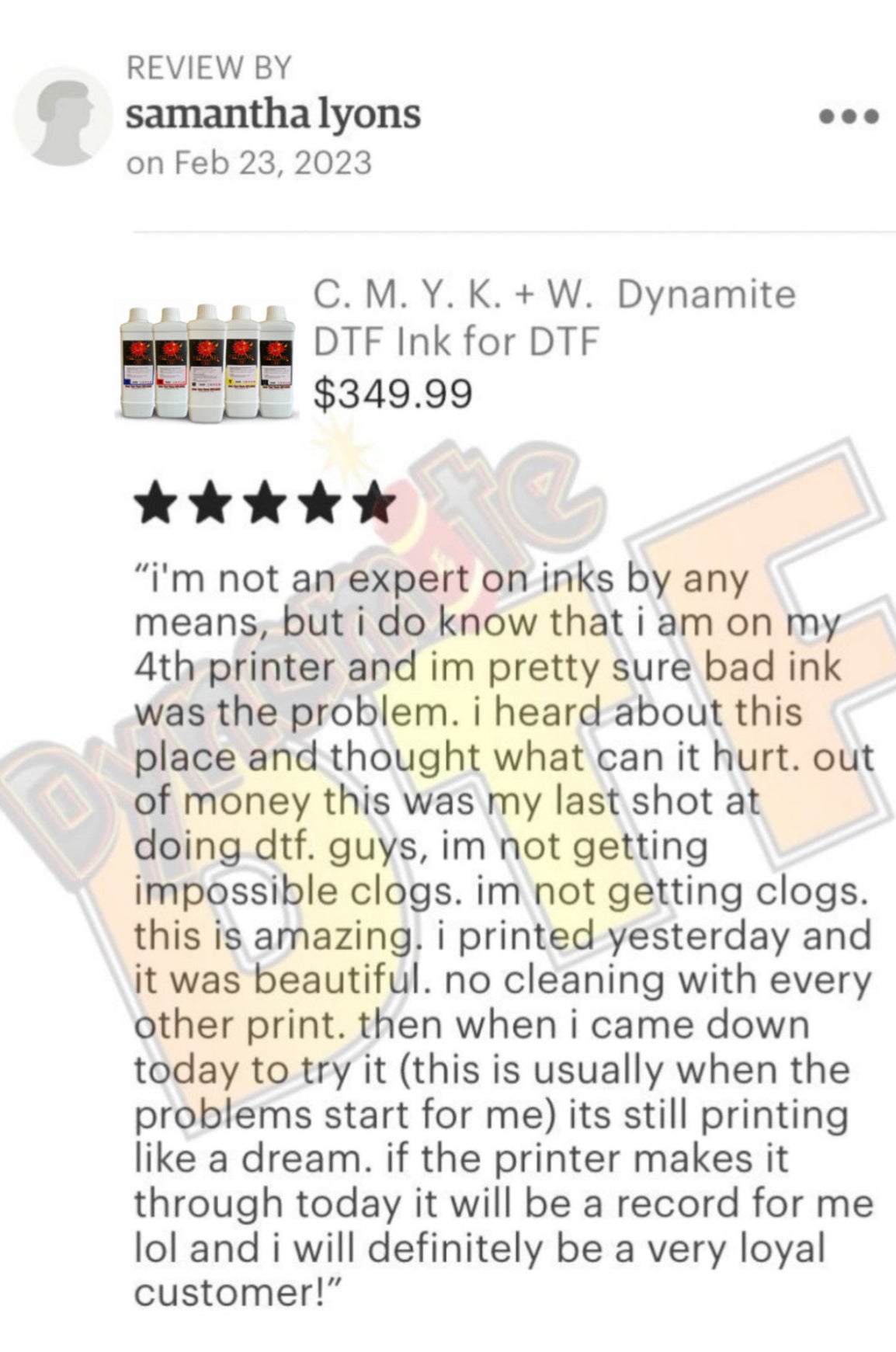 Dynamite DTF Ink for DTF Printers,Epson Printer, (5)- 250ml bottles CMYK+W.