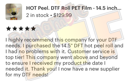 HOT Peel. DTF Roll PET Film - 14.5 inches x 328 feet (37cm x 100m)