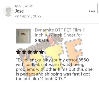 HOT PEEL Dynamite DTF PET Film 13 inch X 19 inch Sheet for Heat Transfers.  - A3+ size. 10, 25, 50 or 100 sheet quantities.