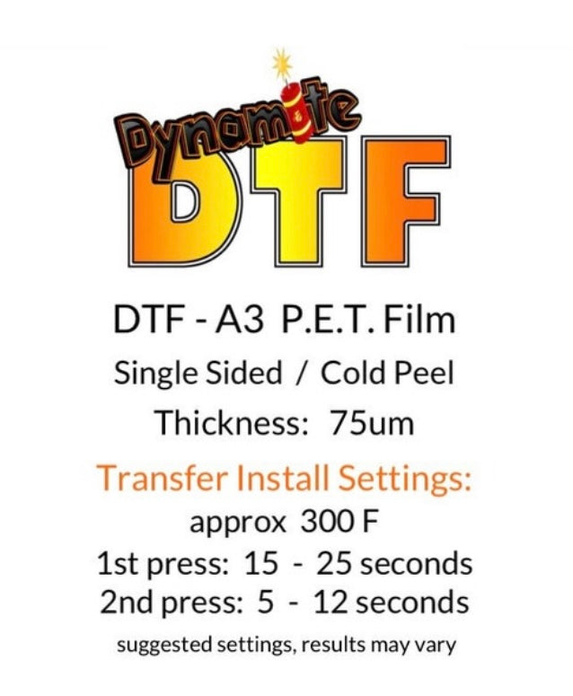 DTF SUPER-SAVER,  500 Sheets, Dynamite DTF PET Film 11 inch X 17 inch Sheet for Heat Transfers.  - A3 size.