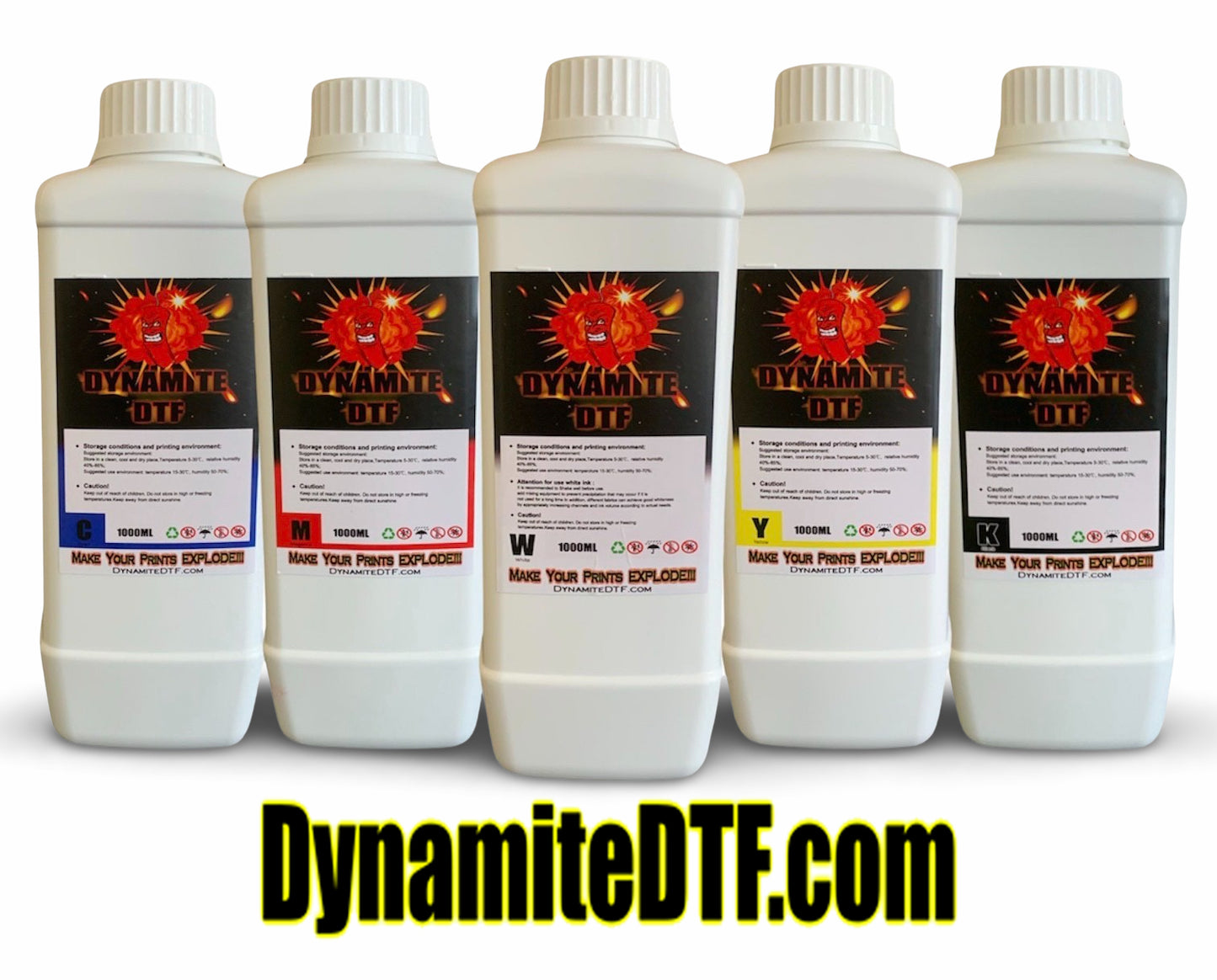 C. M. Y. K. + W.  Dynamite DTF Ink for DTF Printers,Epson Printer, (5)- 1 liter bottles CMYK+W.