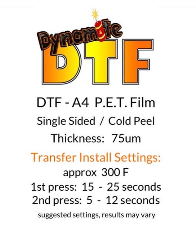 Dynamite DTF PET Film - 8.5 inch X 11 inch Sheet - A4 size. 100 sheets.