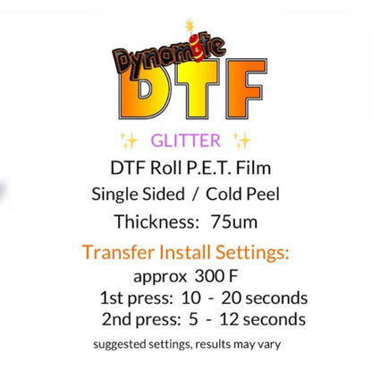 Glitter Re-Fill Roll:  NO Roll End Caps,            “ GLITTER “ DTF Roll P.E.T. Film - approx 12 inches x 30 feet (30cm)